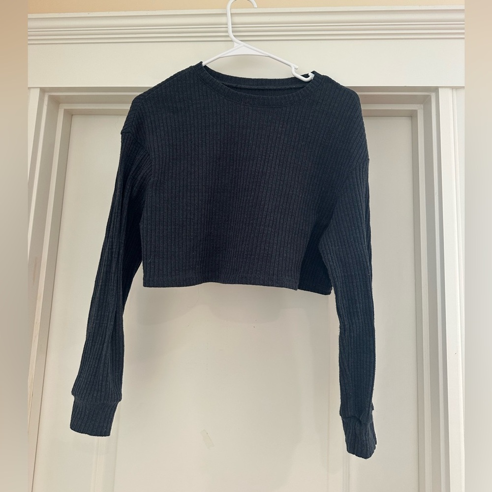 Dark Grey Ribbed Long Sleeve Crop Top